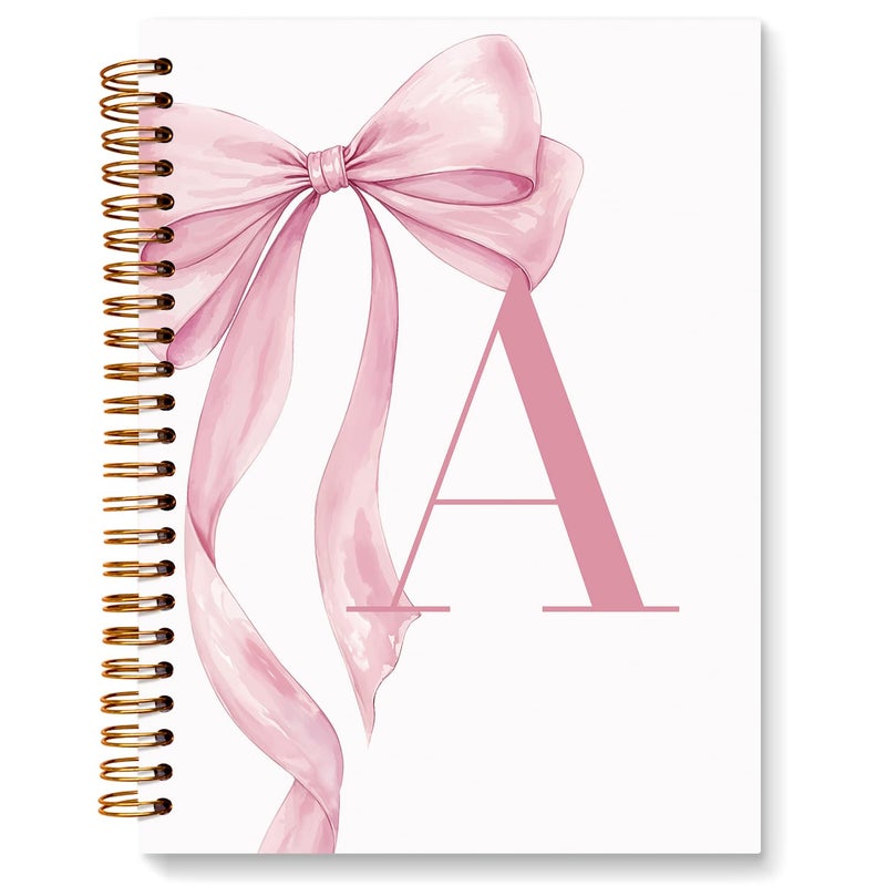 JXREQ Coquette Pink Bow Personalized Notebook, Initial Letter A Monogram Journal, Preppy Girly Ribbon Bow Journal, Monogrammed Gifts for Women, Aesthetic Spiral Notebook 5.5x8.3 - Image 1