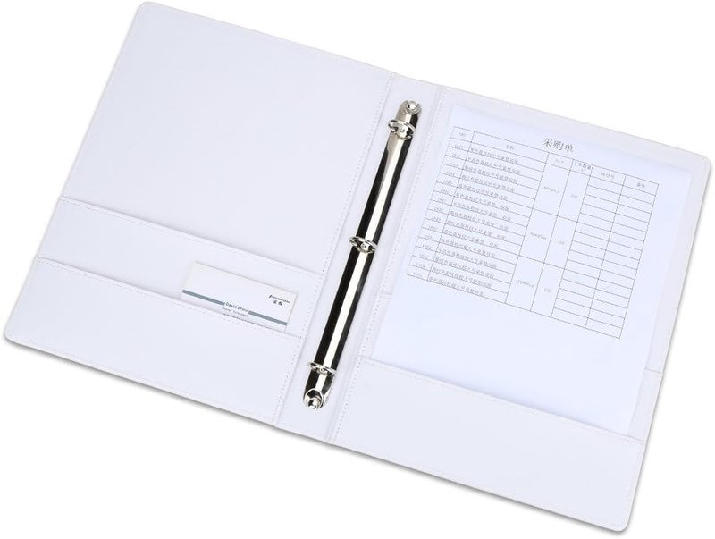 KINGFOM A4 Faux Leather Padfolio Ring Binder Business File Folder Document Holder with Card Holder (3 Ring Binder White) - Image 2