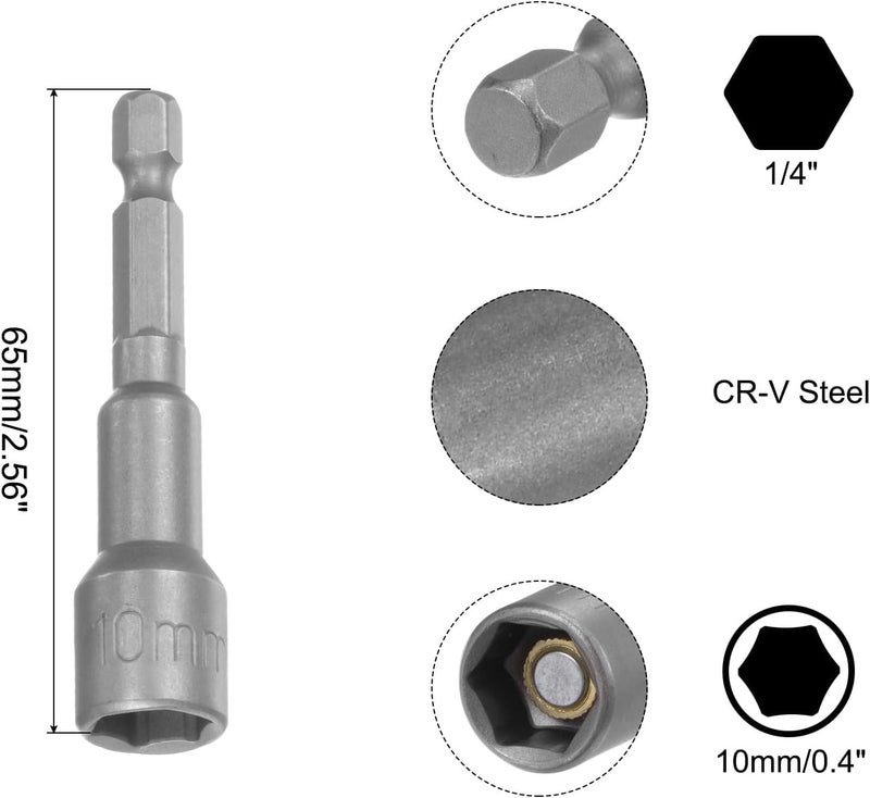 UPTODATETOOLS 10mm Magnetic Hex Socket 65mm256 14 Hex Shank Magnetic Power Nut Driver Set CRV QuickRelease Extensions for Impact Drill Nut Setters Socket - Image 2