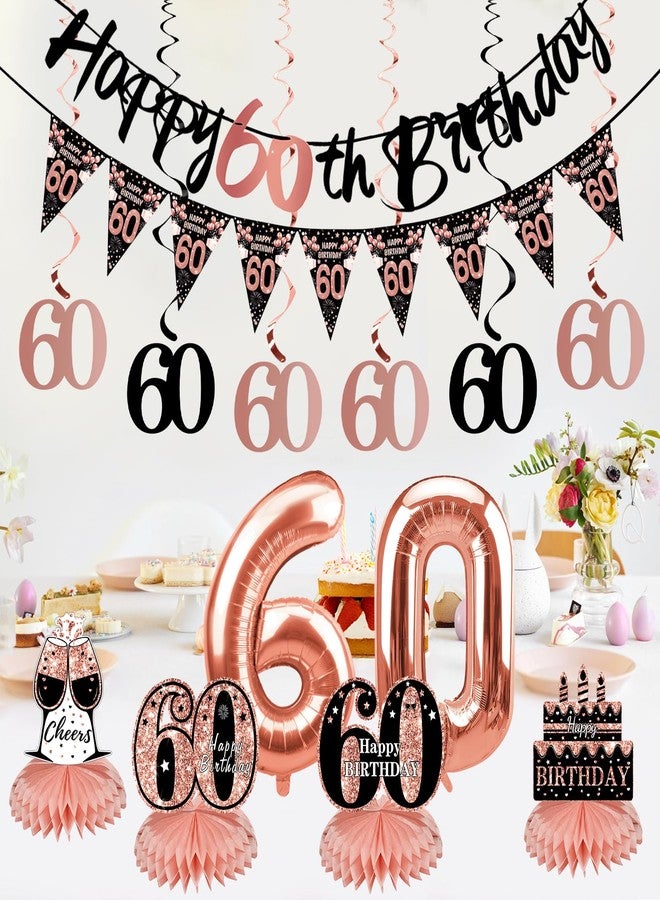 Guiruiy 13PCS 60th Birthday Decorations for Women, Rose Gold Happy 60 Birthday Banner Centerpieces Swirls Balloons Kit Party Supplies, Sixty Years Old Bday Ceiling Table Topper Decor - Image 4