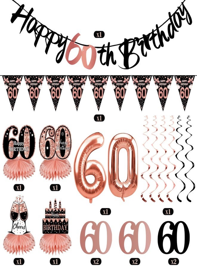 Guiruiy 13PCS 60th Birthday Decorations for Women, Rose Gold Happy 60 Birthday Banner Centerpieces Swirls Balloons Kit Party Supplies, Sixty Years Old Bday Ceiling Table Topper Decor - Image 3