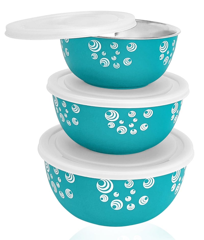 Zaib Microwave Safe Stainless Steel Mixing Bowl Set with Lids | Spiral Print | Food Storage Containers for Kitchen | Turquoise Color | Pack of 3 (Printed Turquoise Spiral 3) - Image 1