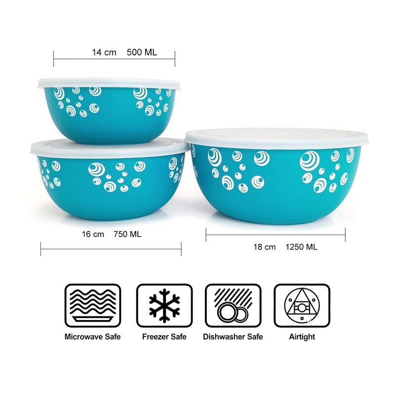 Zaib Microwave Safe Stainless Steel Mixing Bowl Set with Lids | Spiral Print | Food Storage Containers for Kitchen | Turquoise Color | Pack of 3 (Printed Turquoise Spiral 3) - Image 2