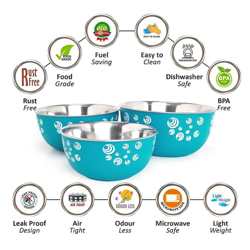 Zaib Microwave Safe Stainless Steel Mixing Bowl Set with Lids | Spiral Print | Food Storage Containers for Kitchen | Turquoise Color | Pack of 3 (Printed Turquoise Spiral 3) - Image 3