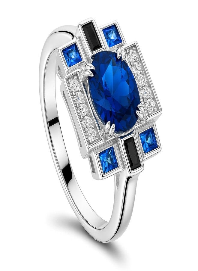 بيركيل خاتم بيريكل من الفضة الإسترلينية بتصميم آرت ديكو للنساء، مرصع بحجر زركونيا مكعب أزرق ياقوتي - Image 1