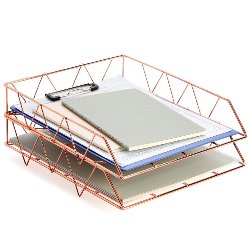 Paper Junkie 2 Pack Metal Rose Gold Desk Organizer Paper Letter File and Document Holder 10 x 12 in