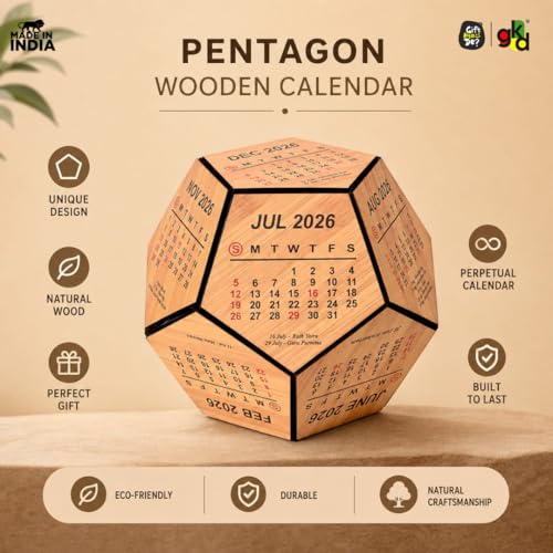 Gift Kya De 2026 Wooden Pentagon Desk Calendar | Premium 3D Big Size Table Calendar | Bamboo Wood Eco-Friendly Office Desk Décor | Unique Corporate Gift | Made in India - Image 2