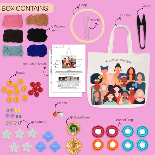 picknMAKE DIY Embroidery Tote Bag for Women – Aesthetic & Stylish Office Bag with Digitally Printed Design | 18” x 15” with Zipped Pocket | Complete Kit with Wool, Needles, Sequins and Embellishments - Image 2