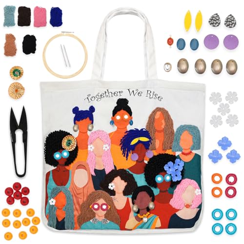 picknMAKE DIY Embroidery Tote Bag for Women – Aesthetic & Stylish Office Bag with Digitally Printed Design | 18” x 15” with Zipped Pocket | Complete Kit with Wool, Needles, Sequins and Embellishments - Image 1