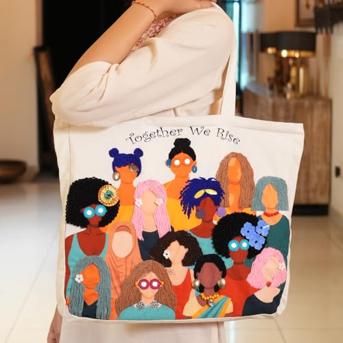 picknMAKE DIY Embroidery Tote Bag for Women – Aesthetic & Stylish Office Bag with Digitally Printed Design | 18” x 15” with Zipped Pocket | Complete Kit with Wool, Needles, Sequins and Embellishments - Image 5