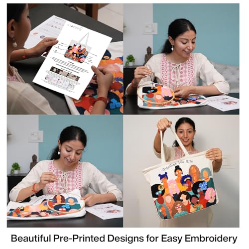 picknMAKE DIY Embroidery Tote Bag for Women – Aesthetic & Stylish Office Bag with Digitally Printed Design | 18” x 15” with Zipped Pocket | Complete Kit with Wool, Needles, Sequins and Embellishments - Image 3