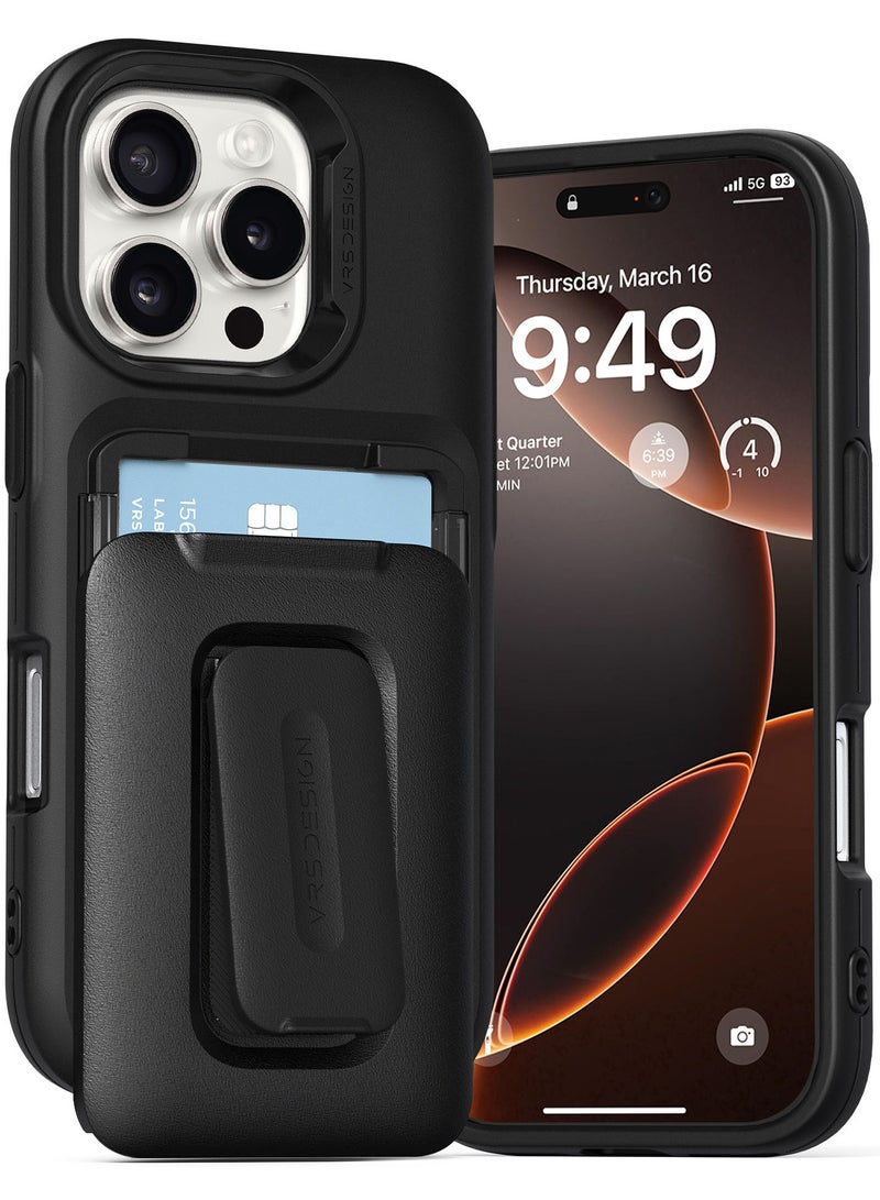 VRS Design غطاء محفظة D-Wallet Orb لجهاز آيفون 16 برو [3 بطاقات] حامل ائتمان [نصف أوتوماتيكي] مدمج [حامل] - أسود - Image 1