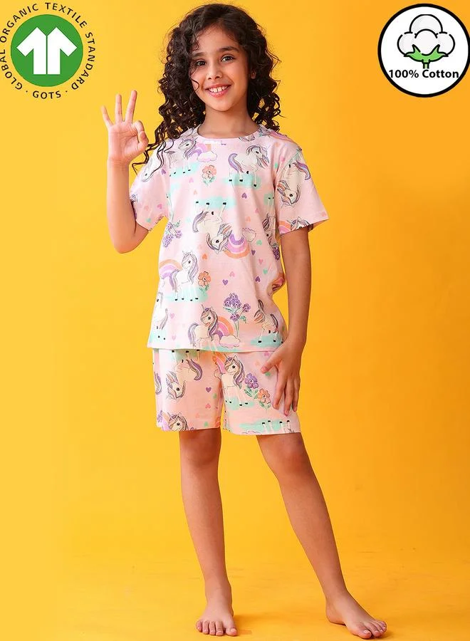 Anthrilo Girls Unicorn Print Cotton T-Shirt and Shorts Set