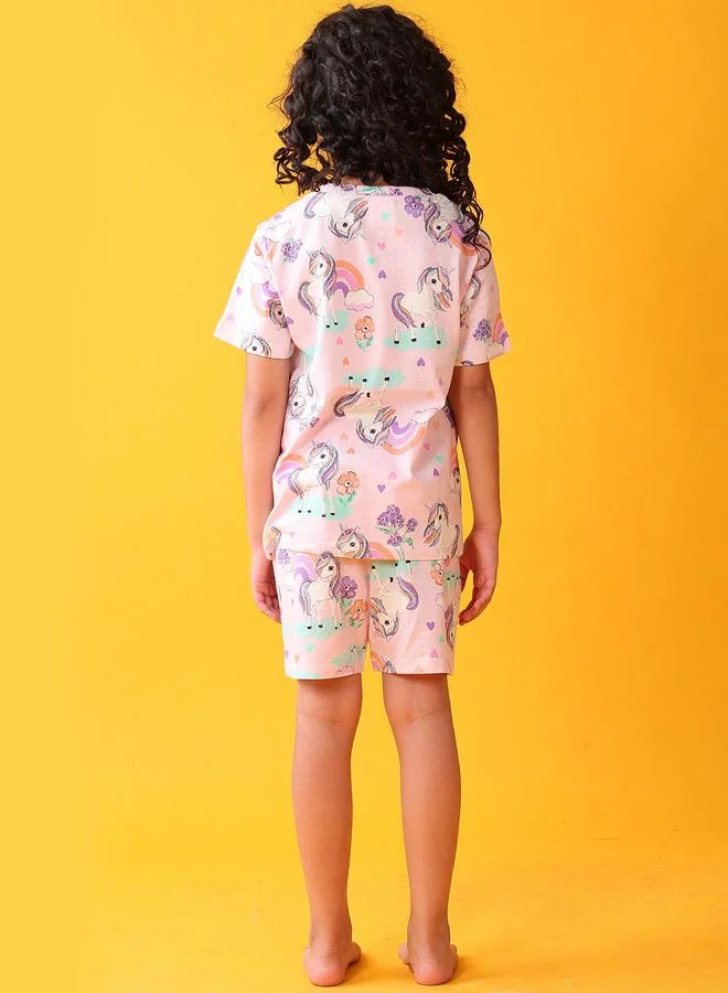 Anthrilo Girls Unicorn Print Cotton T-Shirt and Shorts Set
