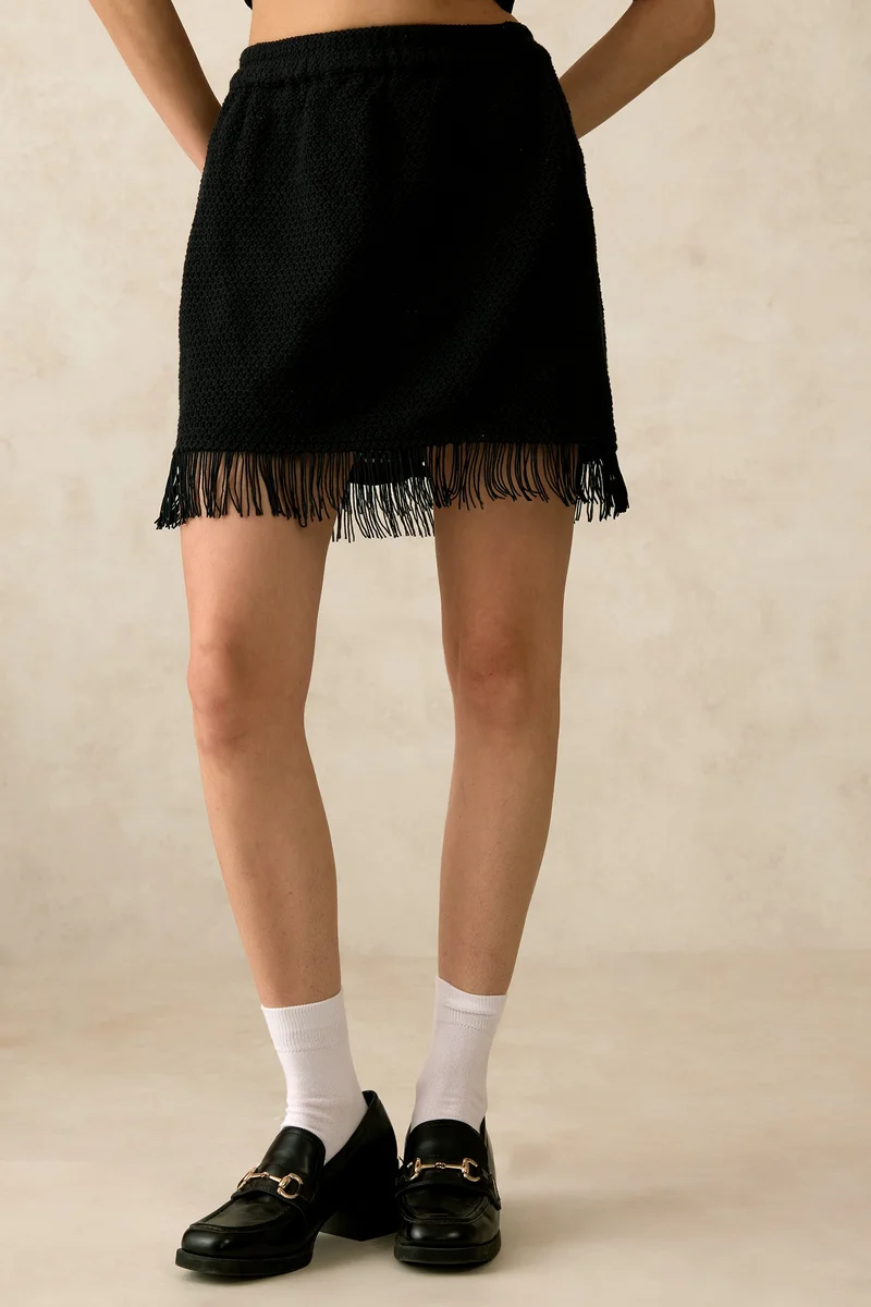 Virgio Solid Cotton Crochet Mini Skirt With Fringes for Women