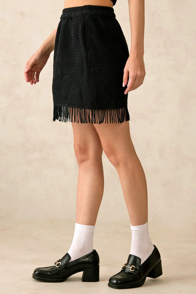 Virgio  Solid Cotton Crochet Mini Skirt With Fringes for Women for Women | Best Price UAE