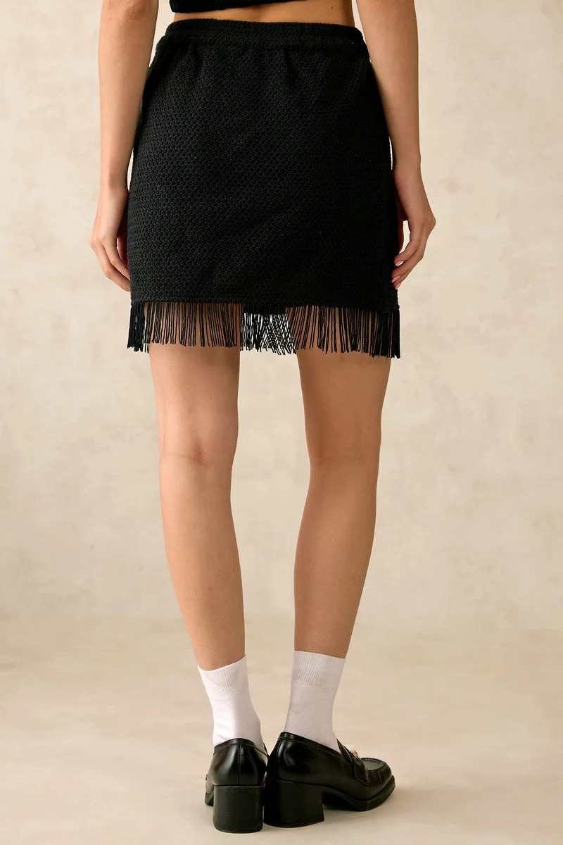 Virgio  Solid Cotton Crochet Mini Skirt With Fringes for Women for Women | Best Price UAE