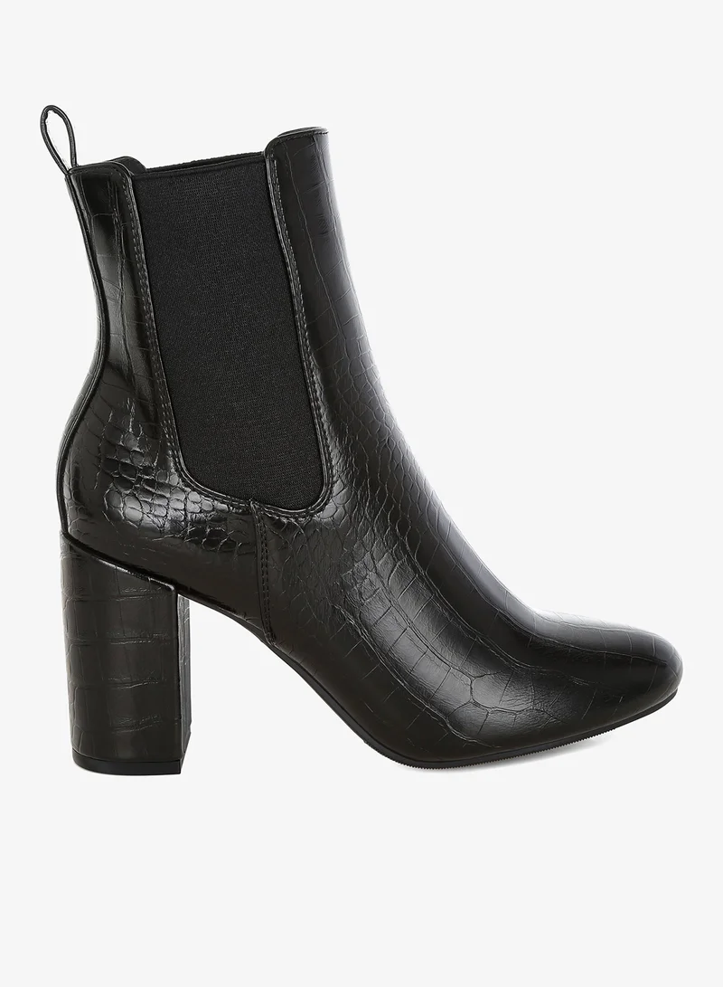 Faux Leather Block Heel Ankle Boots in Black