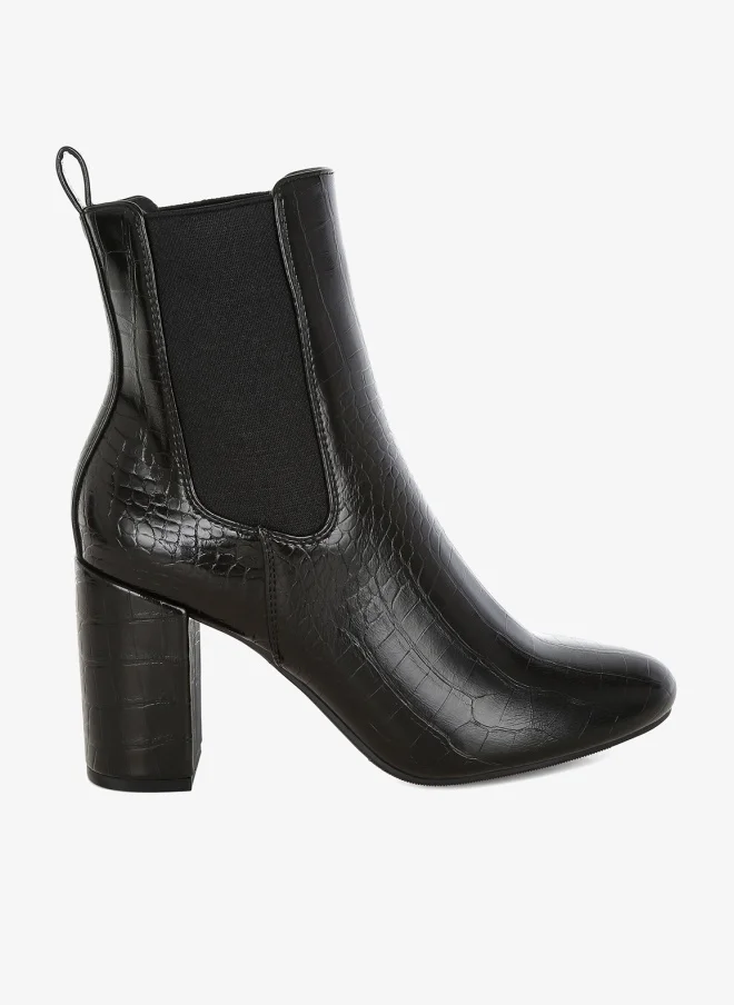 Faux Leather Block Heel Ankle Boots in Black