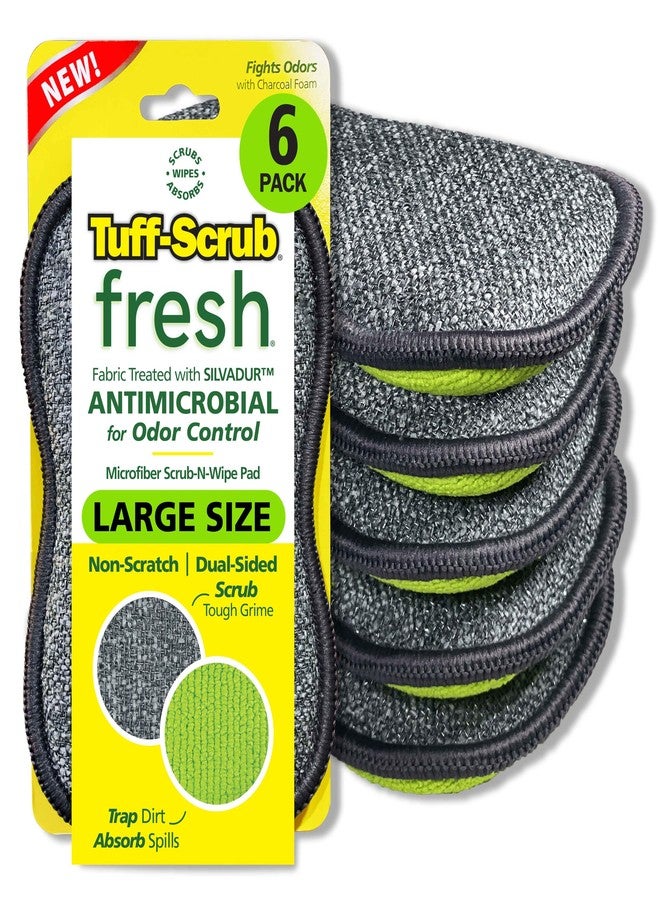 TUFF-SCRUB وسادات إسفنجية ميكروفايبر مضادة للميكروبات من فريش تاف-سكراب، قماش معالج بتقنية SILVADUR المضادة للميكروبات ورغوة مشبعة بالفحم، عبوة 6 قطع بحجم كبير باللون الأخضر - Image 1