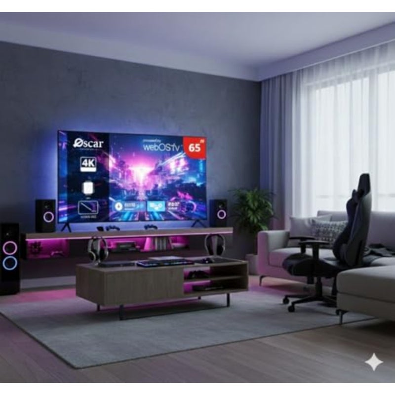 Oscar 65-inch Smart TV for home entertainment, black plastic frame, 4K resolution with 60Hz refresh rate and WebOS operating system - Image 2