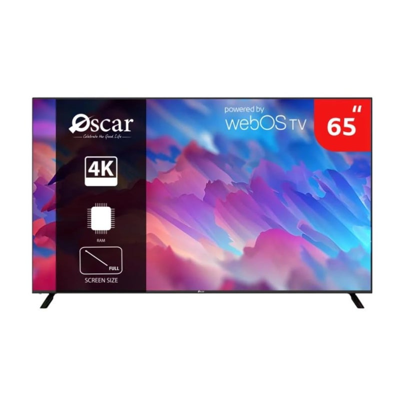 Oscar 65-inch Smart TV for home entertainment, black plastic frame, 4K resolution with 60Hz refresh rate and WebOS operating system - Image 5