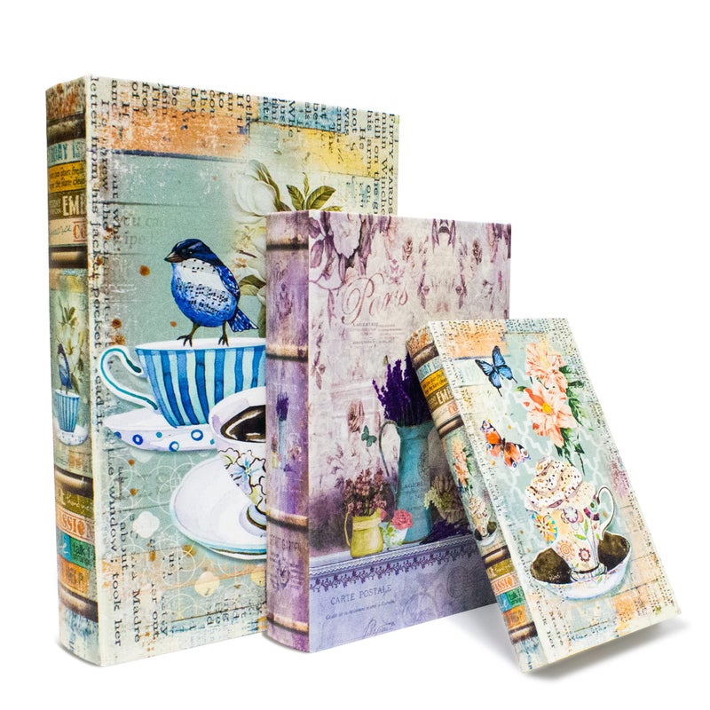DROFELY Decorative Book Box Set of 3 Trinket Keepsake Greeting Card Storage Box Flower Bird Pattern Vintage Coffee Table Decoration Graduation Gift Idea