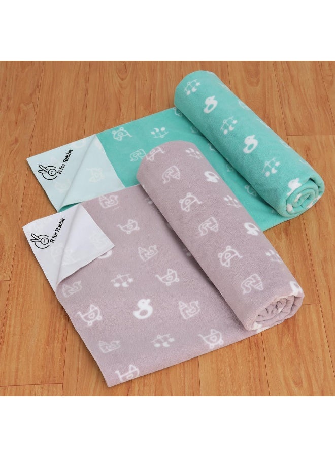 R for Rabbit Dry Nap Waterproof Quick Dry Anti-Piling Fleece Extra Absorbent Washable & Reusable Dry Sheet for Baby | Infant Bed Pad | Kids Bed Mattress Protector (Size-M, Green-Grey, Pack of 2 Combo) - Image 1