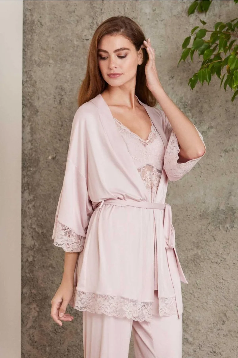 pierre cardin 2810 Women's Powder Lace Combed Cotton Dressing Gown Pajama Set