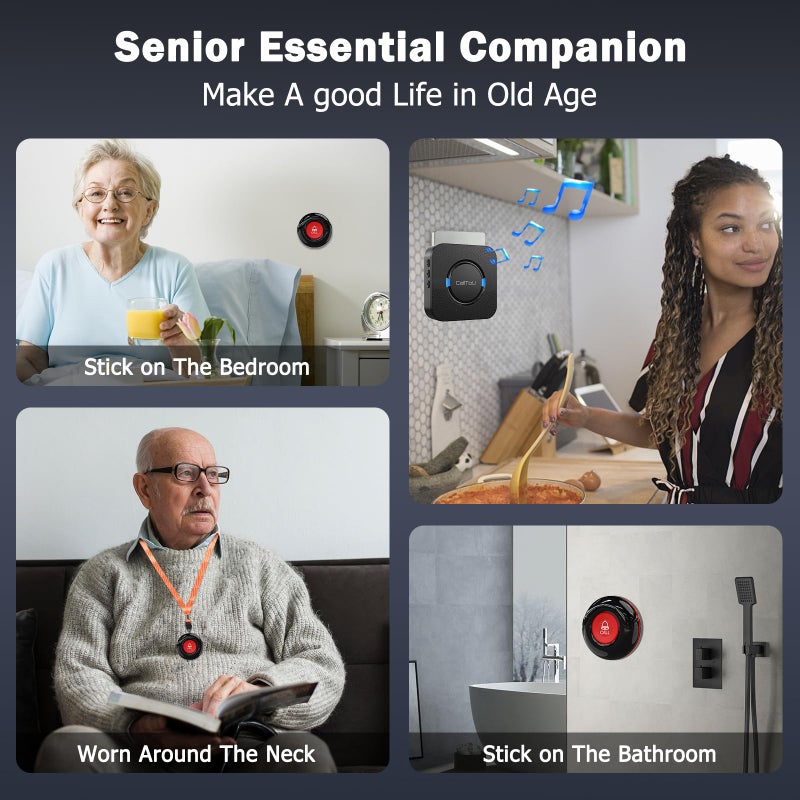 CallToU Wireless Caregiver Call Button Elderly Monitoring Alert Systems for Seniors 1 Plugin Receiver 2 Waterproof Transmitters - Image 2