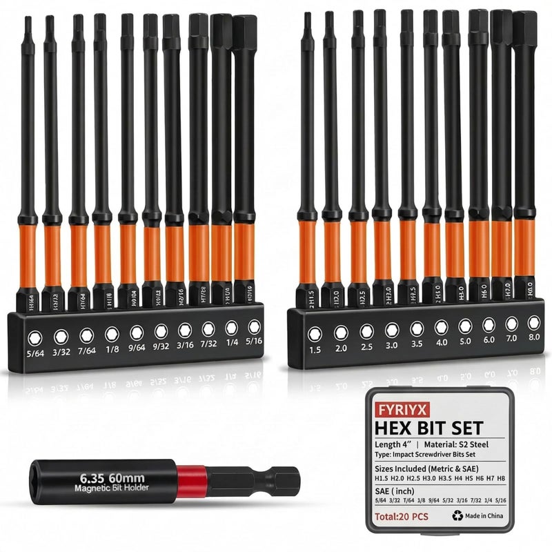 FYRIXY 20-Piece 4" Long Hex Bit Set â€“ Metric & SAE Allen Wrench Drill Bits with 1/4" Hex Shank, S2 Steel, CNC Machined Magnetic Tips, Extension Socket & Storage Box â€“ Compatible with Impact Drivers - Image 1