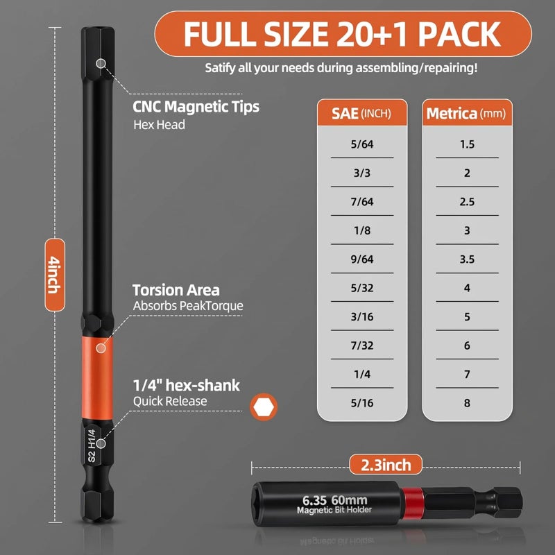 FYRIXY 20-Piece 4" Long Hex Bit Set â€“ Metric & SAE Allen Wrench Drill Bits with 1/4" Hex Shank, S2 Steel, CNC Machined Magnetic Tips, Extension Socket & Storage Box â€“ Compatible with Impact Drivers - Image 2