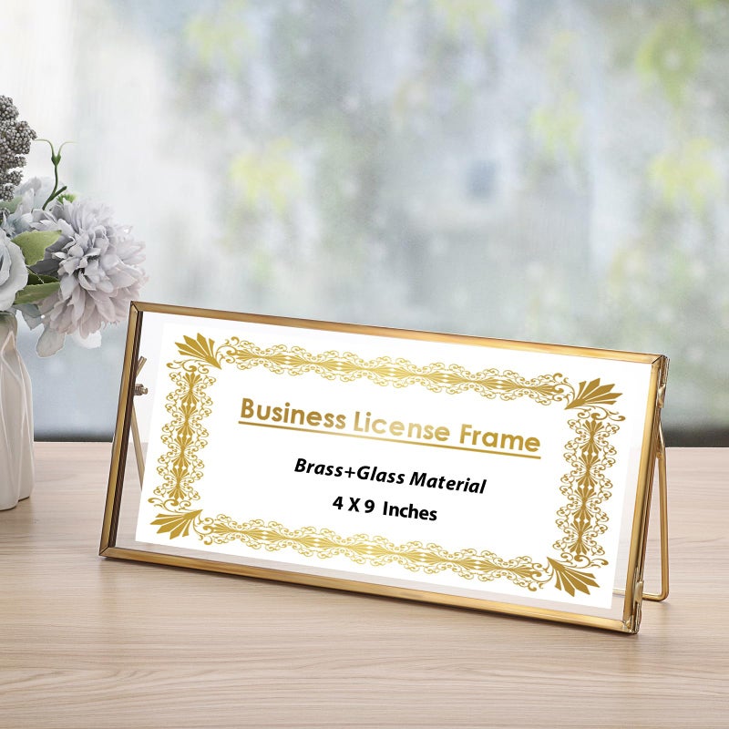 JUXYES Tabletop Business License Frame Brass License Certificate Display Frame, Double Glass Floating Diploma Frames, Desktop Golden Graduation Frames for 4x9 and 3.5x8.5 Certificate Business - Image 4