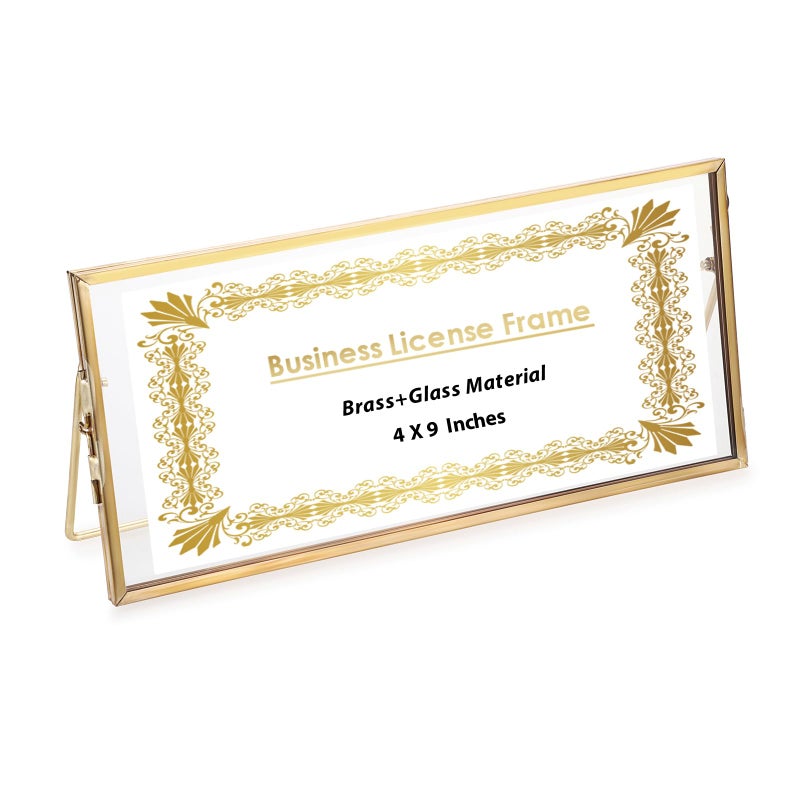JUXYES Tabletop Business License Frame Brass License Certificate Display Frame, Double Glass Floating Diploma Frames, Desktop Golden Graduation Frames for 4x9 and 3.5x8.5 Certificate Business - Image 1