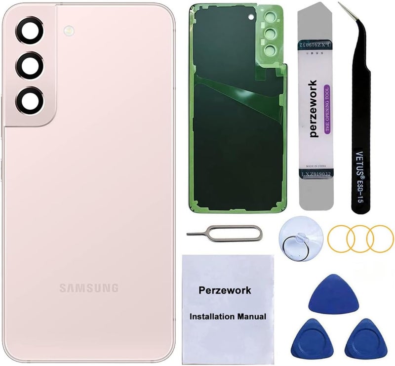 Perzework استبدال زجاج الخلفي لجهاز سامسونج جالاكسي S22 بحجم 6.1 بوصة 5G مع مجموعة أدوات الإصلاح ومواد لاصقة مثبتة مسبقًا (ذهب وردي) - Image 1