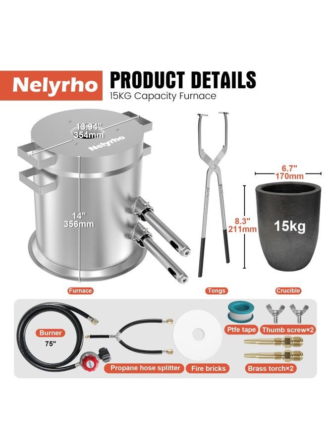Nelyrho 15kg Propane Smelting Furnace Kit, Foundry Aluminium Silver Gold Copper Metal, with Lifting Tong and Crucible, Foundry Kiln - Image 2