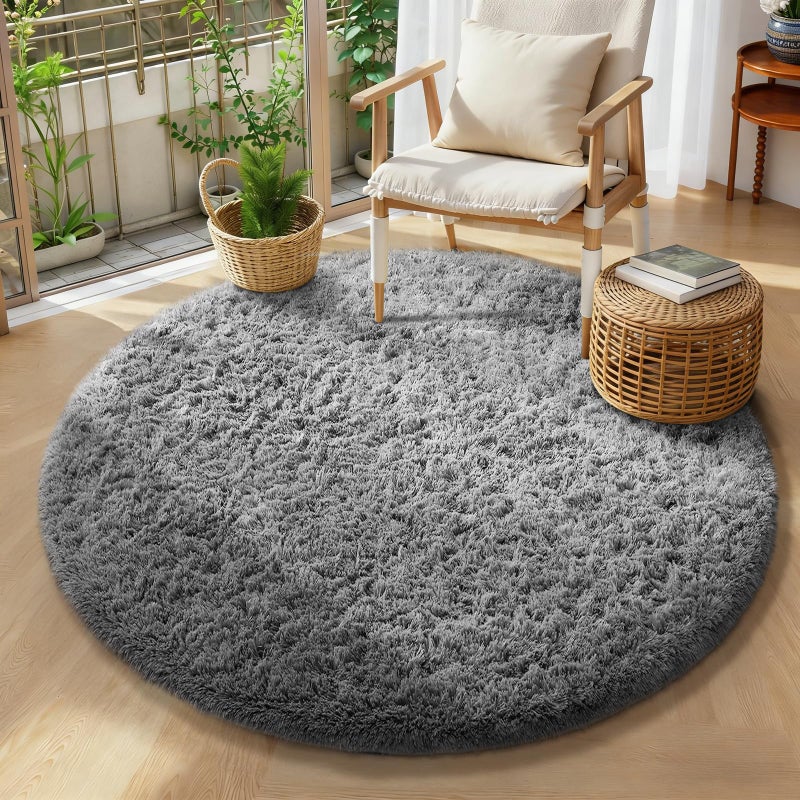 Ophanie Round Rug 4Ft Grey Circle Area Rugs, Fluffy Fuzzy Small Bedroom Carpet 4 Foot, Plush Shag Floor Gray Living Room Christmas Circular Aesthetic Decor for Kids Teen Boys Baby, Nursery, Classroom - Image 1