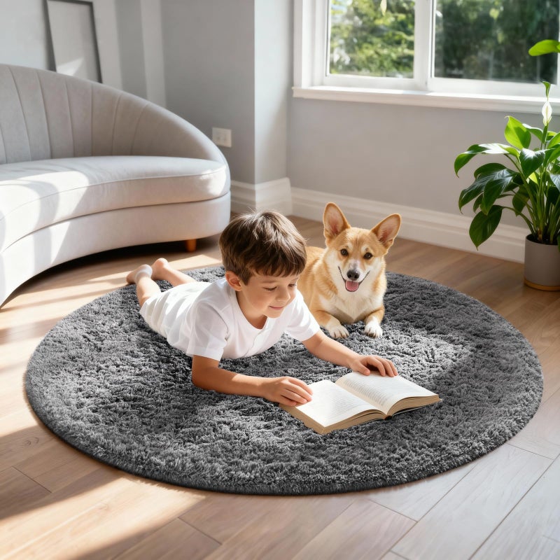 Ophanie Round Rug 4Ft Grey Circle Area Rugs, Fluffy Fuzzy Small Bedroom Carpet 4 Foot, Plush Shag Floor Gray Living Room Christmas Circular Aesthetic Decor for Kids Teen Boys Baby, Nursery, Classroom - Image 3