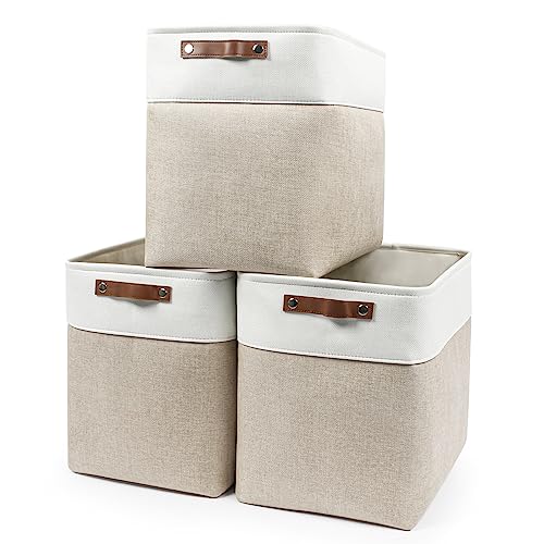 Bagnizer Large Fabric Storage Baskets | 50L Storage Bins, Decorative Linen Closet Baskets with Handles for Organizing, Shelf, Toys, Clothes, Home, Office, Nursery, 17x12x15Inches (Beige&White) - Image 1