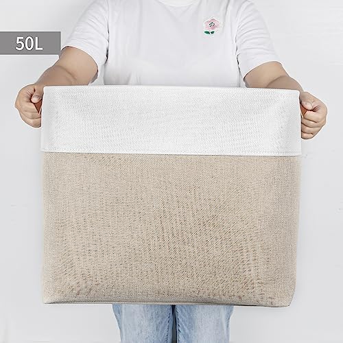 Bagnizer Large Fabric Storage Baskets | 50L Storage Bins, Decorative Linen Closet Baskets with Handles for Organizing, Shelf, Toys, Clothes, Home, Office, Nursery, 17x12x15Inches (Beige&White) - Image 2