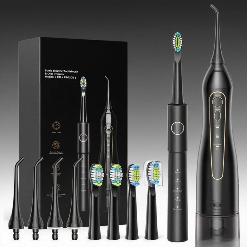 Fairywill FW5020E+E11 Cordless Oral Irrigator Electric Toothbrush 300ML Water Dental Flosser for Teeth IPX7 Waterproof Rechargeable with 4 Toothbrush Heads 4 Jet Nozzles - Image 1