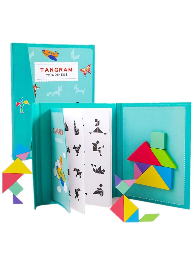 Wooden Tangram Puzzle, Early Development Tangram, IQ-Brain Teaser Toys, Jigsaw Shapes Dissection with Solution Questions, Funny Travel Games - Image 1