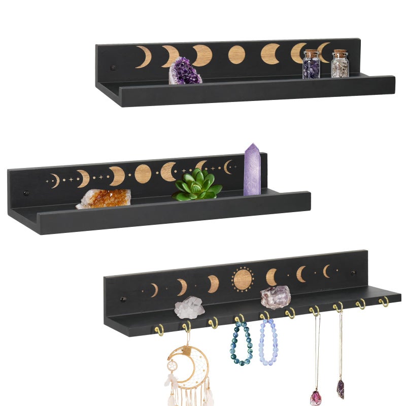 Ukonvi Crystal Shelf with Hooks Set of 3, Moon Shelf Display Wall Mount, Wood Floating Shelves for Celestial Decor and Room Decor, Crystal Display Shelf Holder for Stones, Essential Oils (Black) - Image 1