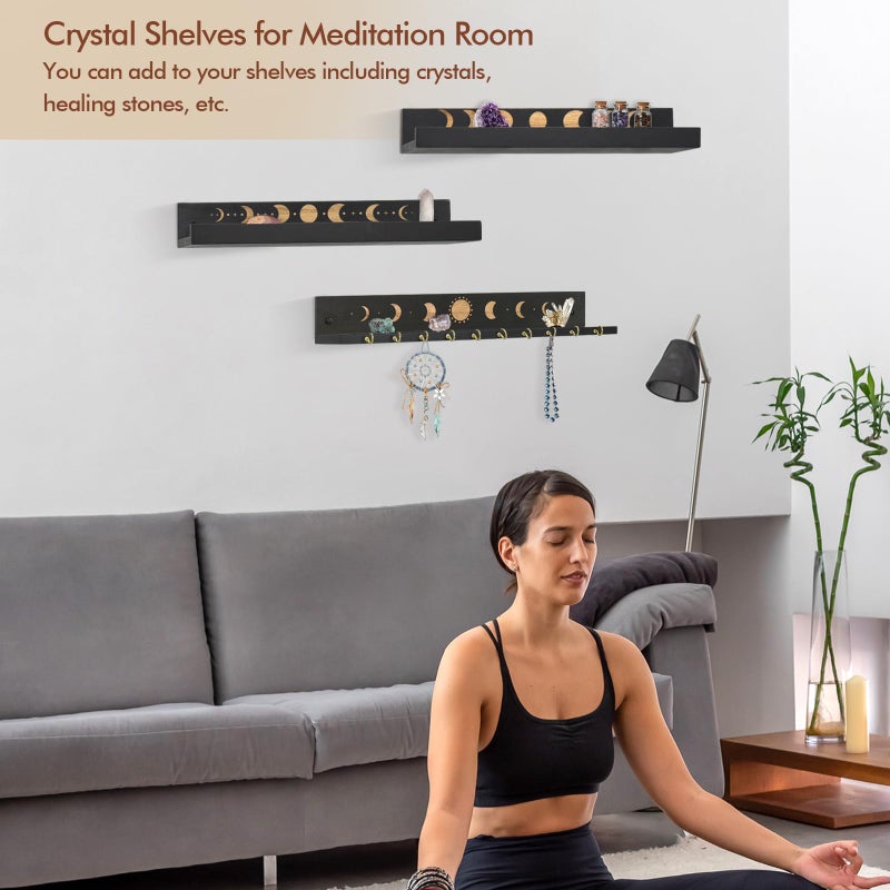 Ukonvi Crystal Shelf with Hooks Set of 3, Moon Shelf Display Wall Mount, Wood Floating Shelves for Celestial Decor and Room Decor, Crystal Display Shelf Holder for Stones, Essential Oils (Black) - Image 3