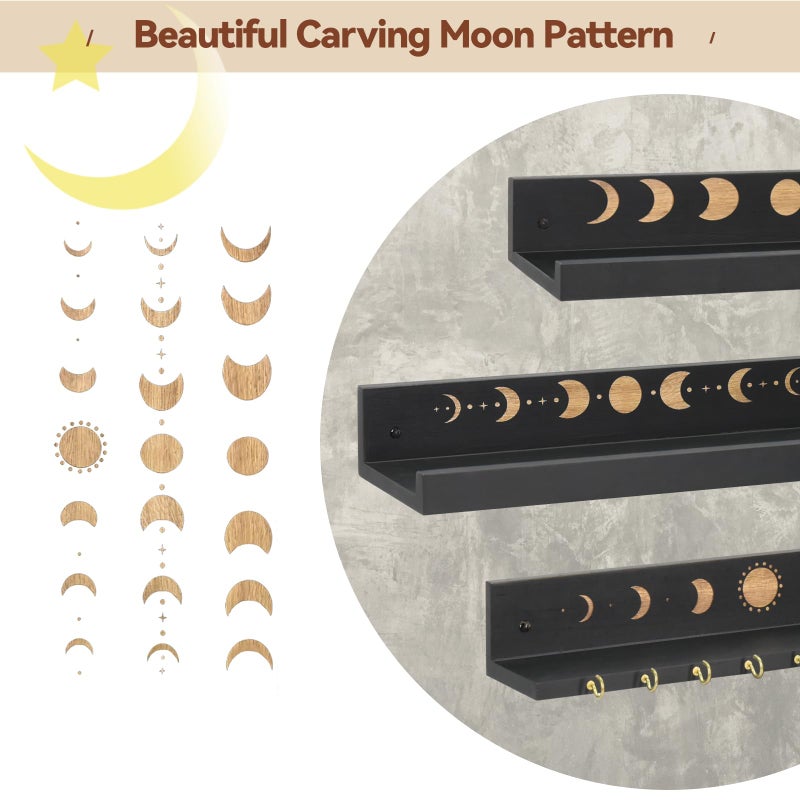 Ukonvi Crystal Shelf with Hooks Set of 3, Moon Shelf Display Wall Mount, Wood Floating Shelves for Celestial Decor and Room Decor, Crystal Display Shelf Holder for Stones, Essential Oils (Black) - Image 4