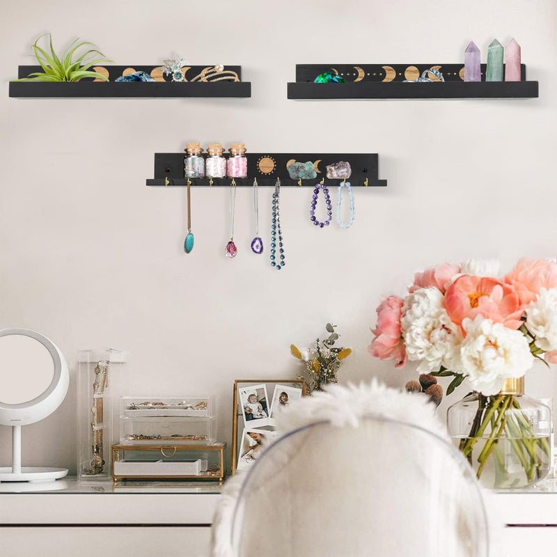 Ukonvi Crystal Shelf with Hooks Set of 3, Moon Shelf Display Wall Mount, Wood Floating Shelves for Celestial Decor and Room Decor, Crystal Display Shelf Holder for Stones, Essential Oils (Black) - Image 5