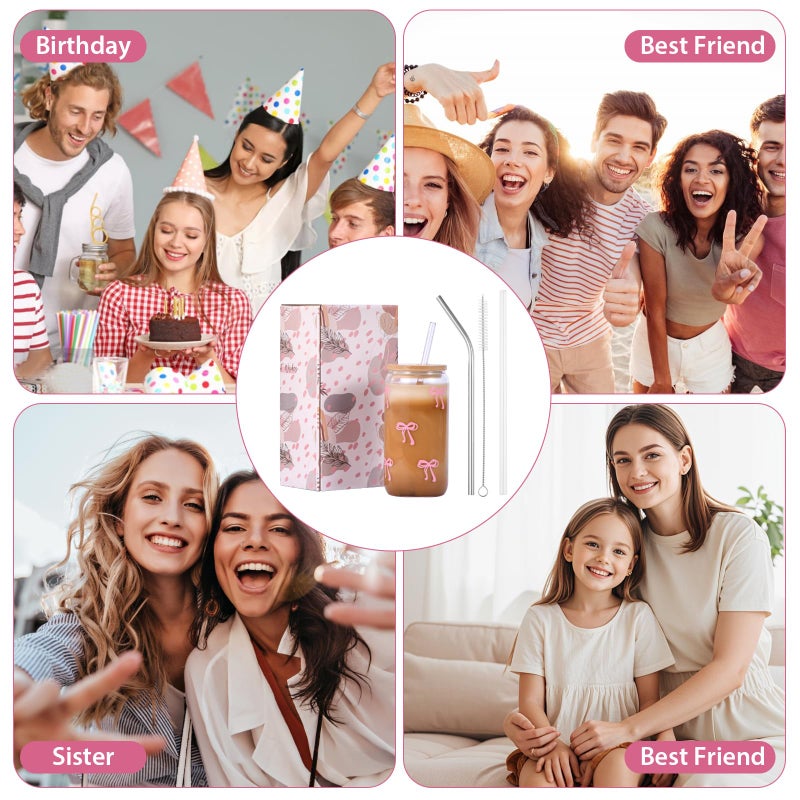 GLECTG Cute Pink Bow Glass Cups with Lids & Straws, Aesthetic Iced Coffee Cup, Girly Preppy Design Tumbler Mug, Birthday Valentine Gifts for Women, Teen Girl Gifts Trendy Stuff - Image 5