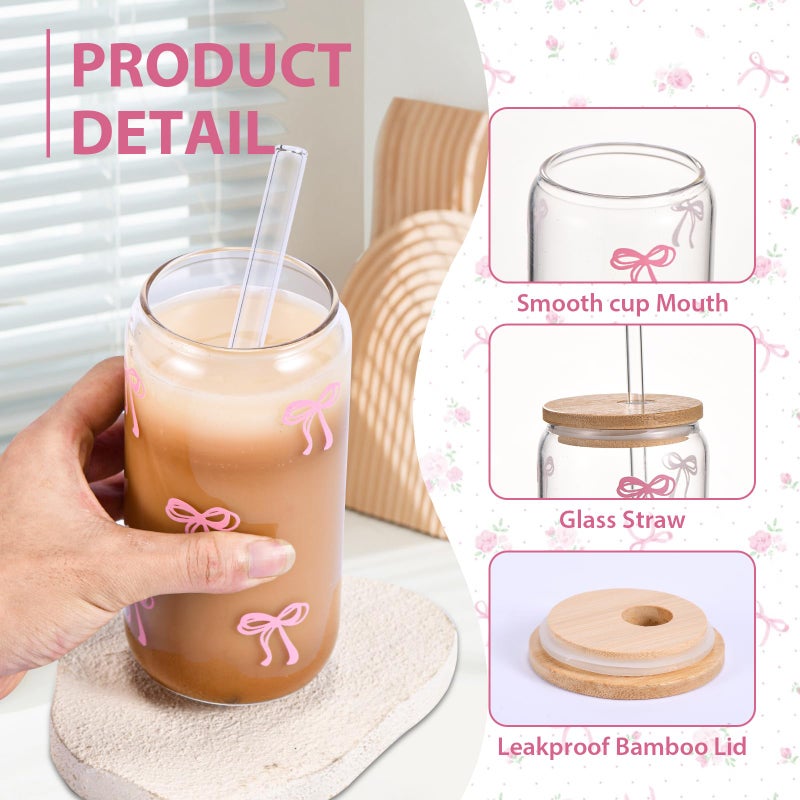 GLECTG Cute Pink Bow Glass Cups with Lids & Straws, Aesthetic Iced Coffee Cup, Girly Preppy Design Tumbler Mug, Birthday Valentine Gifts for Women, Teen Girl Gifts Trendy Stuff - Image 2