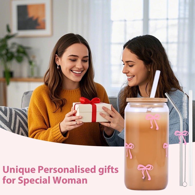 GLECTG Cute Pink Bow Glass Cups with Lids & Straws, Aesthetic Iced Coffee Cup, Girly Preppy Design Tumbler Mug, Birthday Valentine Gifts for Women, Teen Girl Gifts Trendy Stuff - Image 3