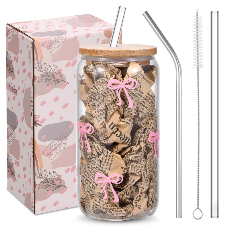 GLECTG Cute Pink Bow Glass Cups with Lids & Straws, Aesthetic Iced Coffee Cup, Girly Preppy Design Tumbler Mug, Birthday Valentine Gifts for Women, Teen Girl Gifts Trendy Stuff - Image 1